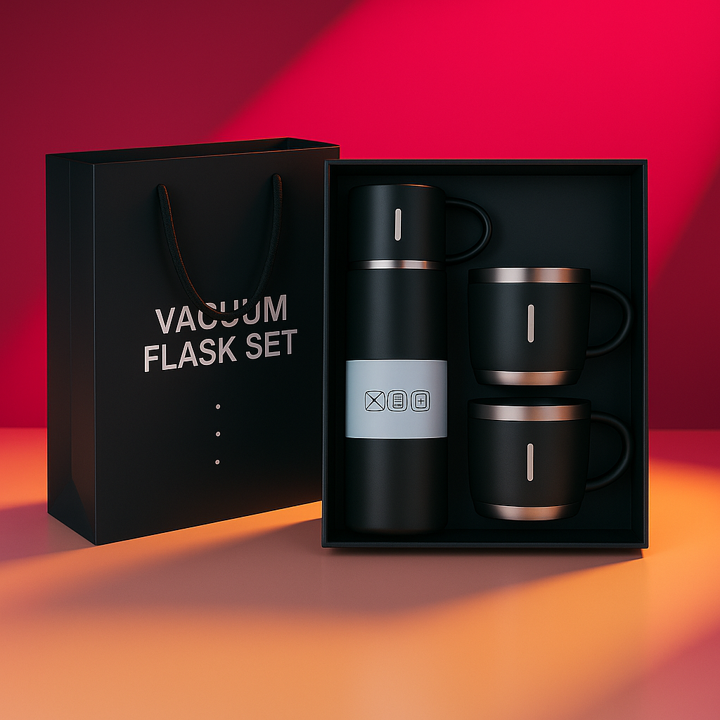 The Premium 500ml Vacuum Flask Set with 2 Stainless Steel Mugs – Keep Drinks Hot or Cold Anywhere